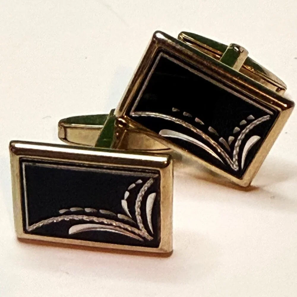 Foster Men's Cufflinks PAT PEND USA Rectangular Black Enamel Gold Tone Jewelry